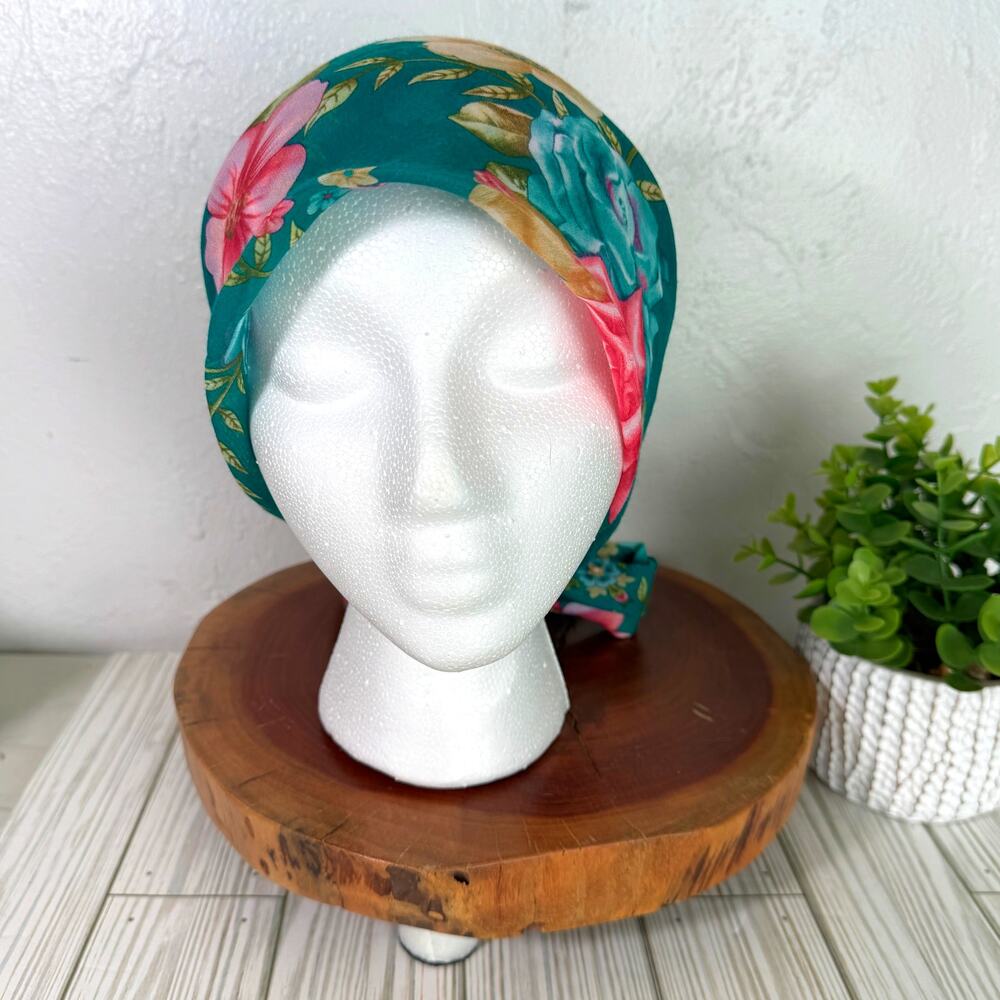 Fidan Green Floral Hair Cover Slip On Curvy Tail To Tie Head Wrap Scarf